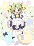  1girl :d animal_ears animal_hat apron bangs bell black_bow black_dress blush bow cat_ears cat_hat cat_tail commentary_request dejiko di_gi_charat diagonal_stripes dress eyebrows_visible_through_hair fake_animal_ears frilled_apron frilled_dress frills full_body green_eyes green_hair hair_bell hair_ornament hat jingle_bell kneehighs looking_at_viewer maid_apron maid_headdress mauve mittens no_shoes parted_bangs puffy_short_sleeves puffy_sleeves short_sleeves smile solo sparkle star_(symbol) striped striped_background tail tail_bow tail_ornament white_apron white_legwear white_mittens 