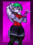  absurd_res anthro athletic athletic_anthro athletic_female biceps bottomwear bracelet canid canine canis clothing collar e4hargus ear_piercing eyelashes facial_markings female fingerless_gloves five_nights_at_freddy&#039;s five_nights_at_freddy&#039;s:_security_breach footwear fur gloves green_hair grey_body grey_fur hair handwear head_markings hi_res hotpants jewelry legwear lipstick makeup mammal markings muscular muscular_anthro muscular_female piercing roxanne_wolf_(fnaf) scottgames security_breach:_fury&#039;s_rage shorts simple_background sleeveless_shirt socks solo studded_collar thick_thighs thigh_highs thigh_socks video_games white_hair wide_hips wolf yellow_eyes 