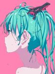  1girl animal animal_on_head aqua_eyes aqua_hair bangs bouen closed_mouth english_commentary eyelashes from_side hair_between_eyes hatsune_miku highres long_hair newt nude on_head pink_background portrait profile reptile simple_background vocaloid wet wet_hair 