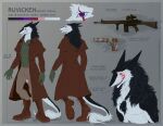  absurd_res anthro boots cloak clothing combat_boots combat_gloves dark_magic desert_eagle floart footwear g3a3 gun handgun hi_res leather leather_duster magic_user male mammal model_sheet pistol ranged_weapon rifle ruvicken_sudvaka scar scope sergal solo weapon 