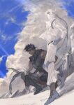  2boys battle_tendency boots caesar_anthonio_zeppeli cloud crop_top facial_mark feather_hair_ornament feathers fingerless_gloves ghost gloves hair_ornament highres jojo_no_kimyou_na_bouken joseph_joestar joseph_joestar_(young) knee_pads male_focus midriff mitus mountain multiple_boys muted_color scarf sky squatting striped striped_scarf triangle_print 