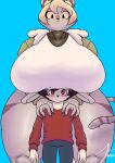  absurd_res anthro blush boob_hat breasts claws_out domestic_cat felid feline felis female hands_on_shoulders hi_res jimbolimbo lagomorph larger_female leporid male male/female mammal paula_(newtype_hero) rabbit rob_(newtype_hero) size_difference smaller_male thick_thighs 