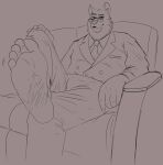  2022 5_toes anthro barefoot beagle-bagel big_feet blacksad canid canine canis chief_smirnov clothing domestic_dog eyewear feet foot_fetish foot_focus furniture german_shepherd glasses hand_on_knee hand_on_leg herding_dog hi_res humanoid_feet male mammal pastoral_dog raised_leg simple_background sitting sketch sofa solo suit toes wrinkled_feet 