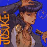  1boy black_hair character_name comb diamond_wa_kudakenai gakuran hand_in_hair higashikata_josuke jojo_no_kimyou_na_bouken male_focus mitus peace_symbol pompadour purple_eyes purple_hair school_uniform solo spoken_sparkle zipper 