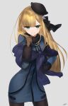  1girl aqua_eyes bangs beret black_headwear black_legwear blonde_hair blue_dress blue_jacket blue_scarf blush breasts brown_gloves cropped_jacket dress fate_(series) fur_collar gloves grey_rose hat highres jacket jazztaki long_hair long_sleeves looking_at_viewer lord_el-melloi_ii_case_files pantyhose reines_el-melloi_archisorte scarf sidelocks small_breasts smile solo thighs tilted_headwear 