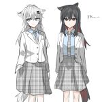  2girls absurdres animal_ear_fluff animal_ears arknights bangs black_hair black_nails blazer blue_eyes blue_shirt chihuri closed_mouth collared_shirt eyebrows_visible_through_hair grey_hair grey_necktie grey_skirt hair_between_eyes hair_ornament hairclip highres jacket lappland_(arknights) long_hair looking_at_viewer multicolored_hair multiple_girls nail_polish necktie open_clothes open_jacket plaid plaid_necktie plaid_skirt pleated_skirt red_hair school_uniform shirt simple_background skirt smile streaked_hair tail texas_(arknights) unmoving_pattern very_long_hair white_background white_jacket 
