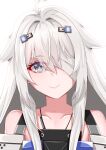  1girl bangs bare_shoulders eyebrows_visible_through_hair eyepatch grey_eyes hair_between_eyes highres long_hair looking_at_viewer no.21_(punishing:_gray_raven) punishing:_gray_raven simple_background smile solo trnr white_hair 