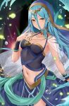  1girl alternate_costume azura_(fire_emblem) blue_hair blue_shirt blue_skirt circlet closed_mouth cowboy_shot crop_top dancer fire_emblem fire_emblem_fates fire_emblem_heroes floating_hair gold hand_up haru_(nakajou-28) highres jewelry long_hair looking_at_viewer midriff navel necklace official_alternate_costume shirt skirt smile solo veil very_long_hair water_drop wrist_cuffs yellow_eyes 