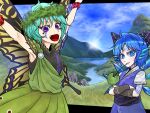  2girls aqua_hair arm_up blue_bow blue_dress blue_eyes blue_hair bow butterfly_wings cirno crossed_arms day detached_wings dress eternity_larva eyebrows_visible_through_hair facial_tattoo fairy fangs green_dress hair_between_eyes hair_bow head_wreath ice ice_wings leaf leaf_on_head multicolored_clothes multicolored_dress multiple_girls open_mouth purple_eyes ryuuichi_(f_dragon) short_hair short_sleeves smile snowflake_pupils symbol-shaped_pupils tattoo touhou wings 
