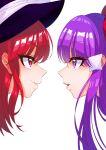  2girls absurdres bangs bow eyebrows_visible_through_hair eyelashes eyes_visible_through_hair face guumin hair_bow hair_tubes hat hat_bow hat_ribbon highres long_hair medium_hair multiple_girls open_mouth parted_lips purple_eyes purple_hair purple_headwear red_bow red_eyes red_hair ribbon sidelocks simple_background smile touhou touhou_(pc-98) white_background white_bow white_ribbon witch_hat 