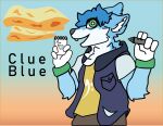  absurd_res blue_body blue_fur blue_hair canid canine clothing cloud clueblue fluffy fox fur green_eyes hair hi_res jacket looking_at_viewer male mammal notebook open_mouth pen shirt solo topwear vest white_body white_fur 