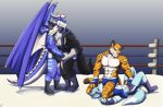  anthro axel_zeeland ballbusting boots bulge canid canine canis clothing cock_and_ball_torture dragon duo felid fight footwear fox genital_torture group hi_res juniorjosi male male/male mammal nyde pain pantherine pecs tiger wolf wrestling 