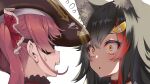  2girls animal_ear_fluff animal_ears bangs black_hair commentary_request constricted_pupils crazy_eyes eyepatch face flying_sweatdrops hair_ornament hairclip hat hololive houshou_marine kubota_masaki long_hair looking_at_another multicolored_hair multiple_girls ookami_mio open_mouth parted_lips pirate_hat red_hair simple_background streaked_hair virtual_youtuber white_background wolf_ears 