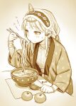  bangs blush bowl bracelet breasts character_request chopsticks copyright_request eating food fruit fur_trim hand_up haori headdress holding holding_chopsticks holding_spoon jacket japanese_clothes jewelry long_hair looking_at_food mandarin_orange monochrome murata_range noodles open_clothes open_jacket pointy_ears print_jacket sepia shirt sidelocks simple_background small_breasts spoon sweat table udon upper_body 