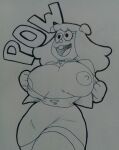  2021 anthro big_breasts breasts canid canine canis carla_(ok_k.o.!_lbh) cartoon_network clothing domestic_dog exposed_breasts female flashing hi_res mammal monochrome nipples ok_k.o.!_let&#039;s_be_heroes perrox shirt solo tearing_clothing topwear torn_clothing torn_shirt torn_topwear 
