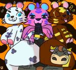  &lt;3 &lt;3_eyes animal_crossing anthro bangle_(animal_crossing) bianca_(animal_crossing) bovid bovine cattle claudia_(animal_crossing) clenched_teeth collaborative collaborative_hot_dogging collaborative_sex death_by_snu_snu duo felid female group hot_dogging kiss_mark klutzatdusk lipstick makeup male male/female mammal motion_lines nintendo oral pantherine sex tail_fetish tail_play tail_sex tailjob teeth tiger tongue tongue_out video_games weldon_(animal_crossing) 