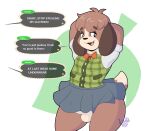  absurd_res animal_crossing anthro balls brown_body brown_fur canid canine canis clothed clothing crossdressing dialogue digby_(animal_crossing) digital_drawing_(artwork) digital_media_(artwork) domestic_dog dress english_text freeballing fur genitals girly hi_res male mammal maynara nintendo no_underwear penis ribbons simple_background solo teeth text tongue video_games 