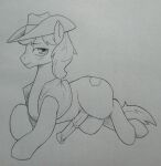  2021 animal_genitalia animal_penis blush braeburn_(mlp) clothing cowboy_hat earth_pony equid equine equine_penis feral friendship_is_magic genitals hat headgear headwear hi_res horse lying male mammal monochrome my_little_pony on_side penis perrox pony solo 