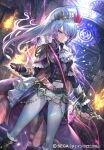  1girl ascot bangs blue_eyes blue_hair bodysuit breasts chain_chronicle character_request company_name copyright copyright_name epaulettes feet_out_of_frame frills gradient_hair hair_ornament hand_on_weapon hand_up hitowa long_hair looking_at_viewer medium_breasts multicolored_hair official_art parted_lips ponytail sash sheath sidelocks solo standing sword unsheathing weapon 