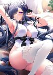  1girl arm_up armband armpits ass august_von_parseval_(azur_lane) azur_lane bangs bare_hips black_horns blue_hair blush bow bowtie breasts cleavage cleavage_cutout clothing_cutout collar covered_nipples dragon_horns garter_straps hair_over_one_eye horns indoors knee_up large_breasts long_hair looking_at_viewer lying messy_hair on_back one_eye_covered plump pontaro18 purple_eyes skindentation solo thick_thighs thighhighs thighs white_legwear 