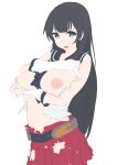  1girl agano_(kancolle) arm_under_breasts bangs black_hair black_neckerchief black_sailor_collar blue_eyes bouen breasts commentary_request eyebrows_visible_through_hair gloves highres kantai_collection large_breasts long_hair looking_at_viewer neckerchief neckerchief_between_breasts nipples parted_lips pleated_skirt red_skirt sailor_collar simple_background skirt sleeveless solo torn_clothes torn_gloves very_long_hair white_background white_gloves 