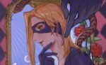  1boy blonde_hair blue_eyes chin_stroking domino_mask flower gloves highres jojo_no_kimyou_na_bouken long_hair male_focus mask melone mirror mitus profile purple_eyes snake solo 