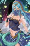  1girl azura_(fire_emblem) blue_hair blue_shirt blue_skirt circlet cowboy_shot crop_top dancer fire_emblem fire_emblem_fates fire_emblem_heroes floating_hair gold hand_up haru_(nakajou-28) highres jewelry long_hair looking_at_viewer midriff mouth_veil navel necklace official_alternate_costume shirt skirt solo veil very_long_hair water_drop wrist_cuffs yellow_eyes 