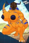  2022 absurd_res anthro areola armband bandai_namco big_breasts black_areola black_nipples blue_hair blue_lips blue_markings breasts claws collarbone crouching digimon digimon_(species) digital_media_(artwork) eyelashes female genitals greymon hair hand_on_leg hi_res horn huge_breasts kingjion lips looking_at_viewer markings multicolored_body muscular_arms navel nipples nude orange_body outside pussy red_eyes shaded sharp_teeth solo striped_body stripes teeth 