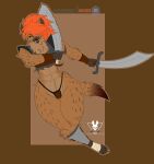  absurd_res anthro aternight bandage bandaged_foot bracelet canid eyebrows eyelashes fangs female hair hi_res hyaenid hybrid jewelry mammal melee_weapon muscular pinup pose solo sword tongue warrior weapon 