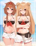  2girls bare_arms bare_shoulders beach bikini black_bikini black_ribbon blush breasts brown_eyes brown_hair cleavage closed_mouth collarbone cowboy_shot hair_between_eyes hair_flaps hair_ornament hair_ribbon hairband hairclip highres kantai_collection kozu_(bloomme1_me) large_breasts light_brown_hair long_hair multiple_girls murasame_(kancolle) murasame_kai_ni_(kancolle) navel ocean one_eye_closed open_mouth red_hairband ribbon shiratsuyu_(kancolle) shiratsuyu_kai_ni_(kancolle) shorts smile swimsuit white_shorts 