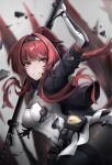  1girl absurdres bangs breasts eyebrows_visible_through_hair hair_scarf hair_tie highres holding holding_weapon long_hair looking_at_another mcoco7 medium_breasts punishing:_gray_raven red_eyes red_hair smile thighs vera_(punishing:_gray_raven) weapon 