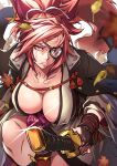  1girl baiken big_hair black_jacket black_kimono breasts cleavage commentary_request eyepatch facial_tattoo gauntlets goggles guilty_gear guilty_gear_strive hair_ribbon highres holding holding_sheath jacket jacket_on_shoulders japanese_clothes katana kimono large_breasts leaf leaves_in_wind looking_at_viewer multicolored_clothes multicolored_kimono open_clothes open_kimono pink_hair ponytail red_eyes ribbon saeki_shun samurai scar scar_across_eye scar_on_face scowl sheath sheathed solo sword tattoo weapon white_kimono 