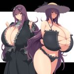  2girls arms_under_breasts bikini black_bikini black_dress black_ribbon breasts brooch center_opening collar commission dress dual_persona eyebrows_visible_through_hair eyepatch_bikini frilled_bikini frilled_dress frills gigantic_breasts gothic grey_collar hair_between_eyes hair_ribbon hat highres impossible_clothes impossible_swimsuit jewelry kloah long_hair looking_at_viewer multiple_girls murasaki_(senran_kagura) purple_eyes purple_hair ribbon senran_kagura skindentation smile straw_hat swimsuit very_long_hair 