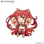  1girl animal_ears bangs blush breasts cerberus_(shingeki_no_bahamut) chibi dog_ears elbow_gloves fang gauntlets gloves granblue_fantasy hand_puppet long_hair medium_breasts navel official_art one_eye_closed open_mouth panties puppet red_eyes red_hair ribbon side-tie_panties smile solo thighhighs twintails underwear very_long_hair 