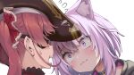  2girls :3 animal_ear_fluff animal_ears bangs cat_ears closed_mouth commentary_request constricted_pupils crazy_eyes eyepatch face flying_sweatdrops hat head_tilt hololive houshou_marine kubota_masaki long_hair looking_at_another multiple_girls nekomata_okayu open_mouth pirate_hat purple_eyes purple_hair red_hair simple_background virtual_youtuber white_background 