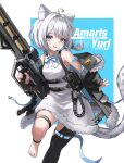  1girl absurdres amaris_yuri animal_ears apex_legends assault_rifle belt black_belt black_jacket blue_background blue_eyes character_name commission copyright_name cyberlive dress energy_gun fur_trim gun havoc_energy_rifle highres holding holding_gun holding_weapon jacket leopard_ears leopard_girl leopard_tail off_shoulder rifle silver_hair skeb_commission sleeveless sleeveless_dress smile solo t-naka-s-12 tail virtual_youtuber weapon white_dress 