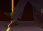  1boy arrow_print close-up crossed_legs darkness feet head_out_of_frame highres jojo_no_kimyou_na_bouken legs light_rays male_focus mitus peeking prosciutto shadow solo vento_aureo 