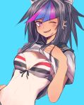  1girl bangs bikini black_hair blue_background blue_hair blush breasts clothes_lift danganronpa_(series) danganronpa_2:_goodbye_despair ear_piercing gomio_(bb-k) hair_horns jewelry lifted_by_self long_hair medium_breasts mioda_ibuki multicolored_hair one_eye_closed piercing pink_eyes purple_hair sailor_collar school_uniform serafuku shirt_lift short_sleeves simple_background solo streaked_hair striped striped_bikini swimsuit tan tanlines upper_body 