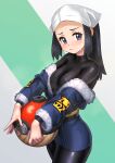  1girl akari_(pokemon) black_bodysuit black_hair blue_eyes bodysuit bodysuit_under_clothes breasts cowboy_shot head_scarf highres holding holding_poke_ball kilye_kairi long_hair long_sleeves medium_breasts poke_ball poke_ball_(legends) pokemon pokemon_(game) pokemon_legends:_arceus red_scarf scarf sidelocks skin_tight solo standing white_headwear 