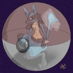  abstract_background absurd_res ambiguous_gender anthro athletic bearglyph blue_body blue_fur crouching fur hi_res in_pok&eacute;ball lucario nintendo pok&eacute;ball pok&eacute;mon pok&eacute;mon_(species) red_eyes solo video_games 