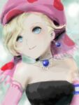  1girl bare_shoulders blonde_hair blue_eyes closed_mouth detached_sleeves earrings final_fantasy final_fantasy_vi hat jewelry looking_at_viewer oyasu_(kinakoyamamori) relm_arrowny short_hair simple_background smile solo 