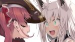  2girls :d ahoge animal_ear_fluff animal_ears blush braid commentary_request constricted_pupils crazy_eyes eyepatch face flying_sweatdrops fox_ears green_eyes hat hololive houshou_marine kubota_masaki long_hair looking_at_another multiple_girls open_mouth pirate_hat red_hair shirakami_fubuki simple_background smile virtual_youtuber white_background white_hair 