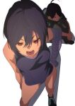  1boy 1girl araragi_koyomi bandaged_arm bandages bangs black_hair brown_eyes clothing_request commentary_request eyebrows_behind_hair fu-ta full_body green_footwear hair_between_eyes hair_over_one_eye highres kanbaru_suruga monogatari_(series) open_mouth parted_lips shadow shoes short_hair simple_background sitting standing white_background 