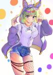  absurdres ahoge animal_ears aqua_eyes bow breasts c_(theta) fishnets green_hair grin hair_bow hands_up highres idolmaster idolmaster_million_live! jacket large_breasts looking_at_viewer open_clothes open_jacket shimabara_elena shirt short_hair short_shorts shorts smile standing thigh_strap thighhighs 