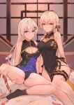  2girls absurdres arm_behind_back bangs black_dress black_panties blonde_hair bow breasts china_dress chinese_clothes cleavage closed_mouth clothes_pull confetti dress eyebrows_visible_through_hair girls&#039;_frontline grey_eyes hair_bow hair_ornament hairclip hand_on_floor hand_on_thigh highres long_hair looking_at_viewer medium_breasts multiple_girls muteppona_hito no_shoes official_alternate_costume on_floor open_mouth ots-14_(girls&#039;_frontline) ots-14_(sangria_succulent)_(girls&#039;_frontline) panties shorts shorts_pull silver_hair sitting smile socks spread_legs svd_(camellia&#039;s_vigil)_(girls&#039;_frontline) svd_(girls&#039;_frontline) teeth thighs underwear white_shorts window yellow_eyes 