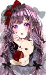  1girl apple bangs black_hair blush bow doll food fruit hair_ornament highres long_hair looking_at_viewer nail_art open_mouth original puracotte purple_eyes ribbon simple_background twintails 