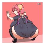 against_surface against_wall big_breasts big_butt breasts butt female horn horned_humanoid huge_breasts huge_butt humanoid ilulu looking_at_viewer looking_back looking_back_at_viewer miss_kobayashi&#039;s_dragon_maid normi solo 