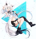  \n/ ahoge animal_ear_fluff animal_ears aqua_eyes arm_up asymmetrical_footwear bangs black_footwear black_legwear black_sailor_collar black_shorts blue_background blush braid character_name collarbone detached_sleeves double_\n/ eyebrows_visible_through_hair fox_ears fox_girl fox_tail full_body hair_between_eyes hand_up highres hololive looking_at_viewer medium_hair mismatched_footwear navel open_mouth sailor_collar shirakami_fubuki shirt shoes short_shorts shorts side_braid signature single_thighhigh star_(symbol) sumishi_(sumisi_3) tail thigh_strap thighhighs virtual_youtuber white_background white_hair white_shirt white_sleeves wide_sleeves 