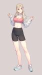  1girl bike_shorts black_shorts blonde_hair bra breasts cleavage commentary_request cropped_jacket drawstring grey_background highres jacket large_breasts long_hair looking_at_viewer low_twintails midriff navel original pink_bra shoes shorts shrug_(clothing) simple_background sneakers solo sports_bra standing twintails underwear white_jacket yuuji_(and) 