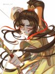 1girl absurdres archery arrow_(projectile) bow_(weapon) character_request facial_mark forehead_mark genshin_impact hair_tie highres japanese_clothes long_hair nathania_justine one_eye_closed ponytail solo tagme weapon 